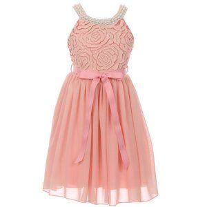 Big Girl Sleeveless Pearl Trim Chiffon Easter Party Holiday Flower Girl Dress